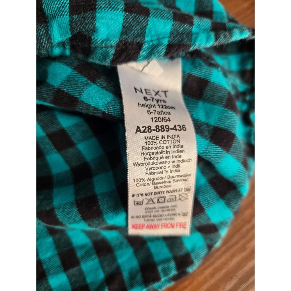 Next Girls Teal Black Gingham Check Smocked Button Down Dress Size 6-7 Years - Picture 5 of 5